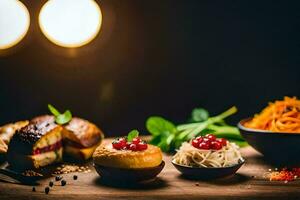 un' tavolo con cibo e un' leggero lampadina. ai-generato foto