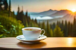 un' tazza di tè su un' tavolo nel il montagne. ai-generato foto