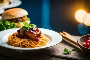 il cibo è servito su un' di legno tavolo con un' piatto di spaghetti e un' hamburger. ai-generato foto