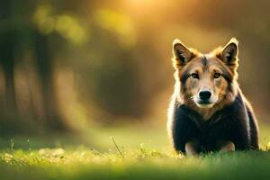 un' cane seduta nel il erba a tramonto. ai-generato foto