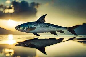 un' pesce è riflessa nel il acqua a tramonto. ai-generato foto