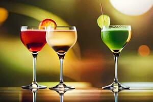 tre diverso colorato bevande nel bicchieri su un' tavolo. ai-generato foto