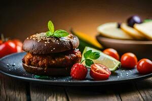 un' Hamburger con pomodori e formaggio su un' nero piatto. ai-generato foto