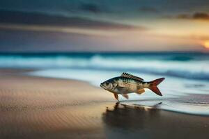 un' pesce è a piedi su il spiaggia a tramonto. ai-generato foto