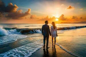 il coppia è in piedi su il spiaggia a tramonto. ai-generato foto