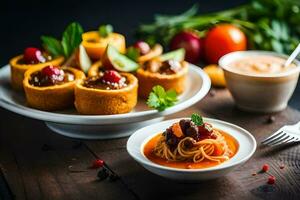 un' piatto di cibo con spaghetti e Polpette. ai-generato foto