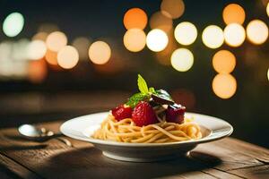 spaghetti con frutti di bosco su un' piatto. ai-generato foto