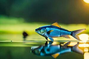 un' pesce è in piedi su il acqua con il sole nel il sfondo. ai-generato foto