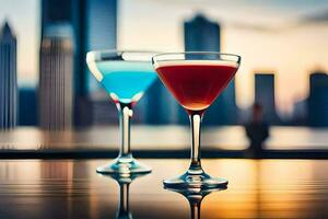 Due cocktail su un' tavolo con città orizzonte nel il sfondo. ai-generato foto