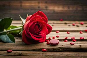 un' singolo rosso rosa su un' di legno tavolo con rosso cuore sagomato perline. ai-generato foto