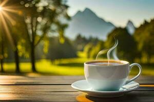 un' tazza di caffè su un' di legno tavolo nel il mattina. ai-generato foto