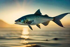 un' pesce è volante al di sopra di il acqua a tramonto. ai-generato foto