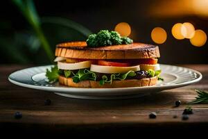 un' Sandwich con formaggio, pomodori e erbe aromatiche su un' bianca piatto. ai-generato foto