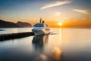 un' crociera nave nel il oceano a tramonto. ai-generato foto