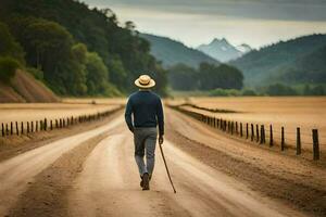 un' uomo a piedi giù un' sporco strada con un' canna. ai-generato foto