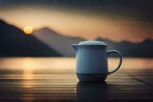 un' caffè pentola si siede su un' di legno tavolo nel davanti di un' lago. ai-generato foto