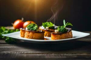 al vapore pane con verdure e salsa su un' piatto. ai-generato foto