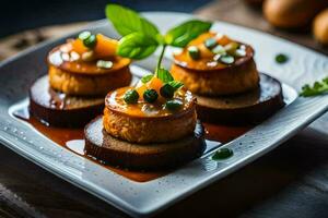 tre piccolo torte con salsa su un' bianca piatto. ai-generato foto