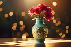 un' vaso con rosso fiori su un' tavolo nel davanti di un' bokeh. ai-generato foto