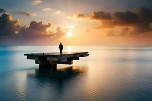un' uomo sta su un' molo guardare a il sole ambientazione al di sopra di il oceano. ai-generato foto
