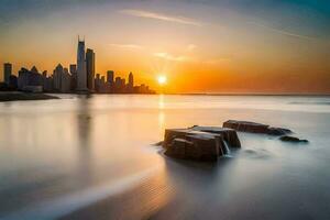 il Chicago orizzonte è visto nel il distanza a tramonto. ai-generato foto