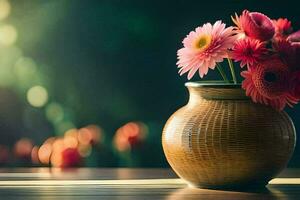 un' vaso con rosa fiori su un' tavolo. ai-generato foto