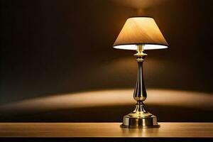 un' lampada su un' tavolo nel davanti di un' buio parete. ai-generato foto