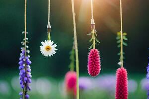 fiori sospeso a partire dal stringhe nel il sole. ai-generato foto