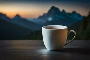 un' tazza di caffè su un' tavolo nel davanti di montagne. ai-generato foto