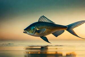 un' pesce è nuoto nel il oceano a tramonto. ai-generato foto