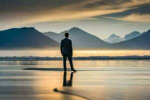 un' uomo nel un' completo da uomo sta su il spiaggia a tramonto. ai-generato foto