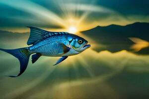 un' pesce nuoto nel il acqua a tramonto. ai-generato foto