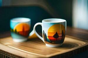 Due caffè tazze con un' tramonto su loro. ai-generato foto