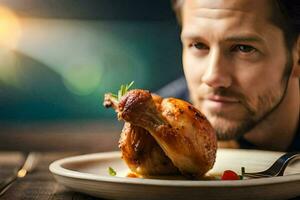 un' uomo è guardare a un' piatto di pollo. ai-generato foto