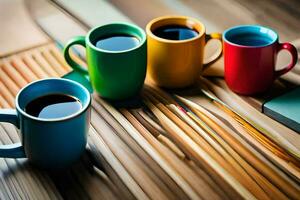 un' gruppo di colorato caffè tazze su un' di legno tavolo. ai-generato foto