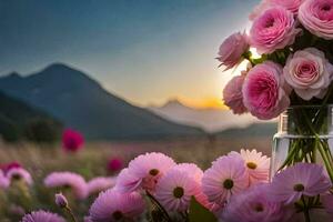 rosa fiori nel un' vaso su un' campo con montagne nel il sfondo. ai-generato foto