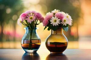 Due vasi con fiori su un' tavolo. ai-generato foto