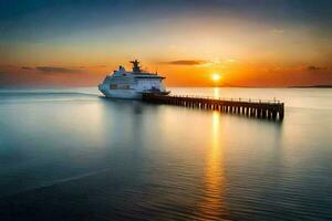 un' crociera nave attraccato a il molo a tramonto. ai-generato foto