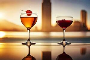Due bicchieri di vino con un' ciliegia su il tavolo. ai-generato foto