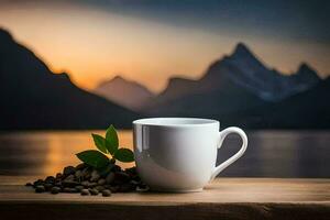 caffè fagioli e un' tazza di caffè su un' di legno tavolo con montagne nel il sfondo. ai-generato foto