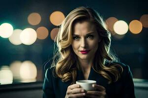 un' donna Tenere un' tazza di caffè nel davanti di un' città a notte. ai-generato foto