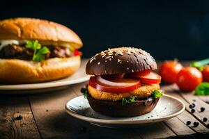 un' Hamburger con pomodori e formaggio su un' piatto. ai-generato foto