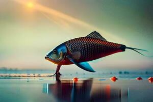 un' pesce è in piedi su il acqua con un' sole nel il sfondo. ai-generato foto