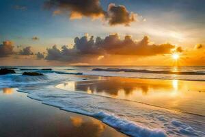 il sole sorge al di sopra di il oceano nel Questo bellissimo spiaggia foto. ai-generato foto