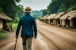 un' uomo nel un' completo da uomo e cappello a piedi giù un' sporco strada. ai-generato foto