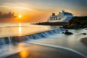 un' crociera nave nel il oceano a tramonto. ai-generato foto