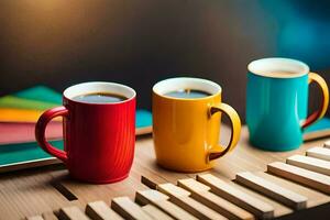 tre caffè tazze su un' di legno tavolo. ai-generato foto