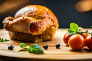 un' pollo su un' di legno taglio tavola con pomodori e erbe aromatiche. ai-generato foto