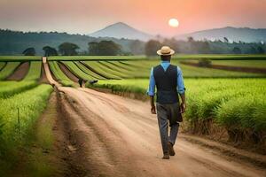 un' uomo a piedi giù un' sporco strada nel un' riso campo. ai-generato foto