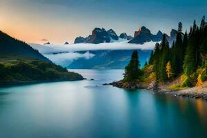 un' lago circondato di montagne a tramonto. ai-generato foto